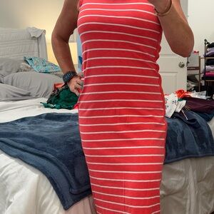 Joules Coral and White Striped Midi Dress
